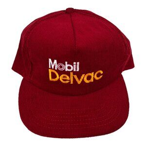 Vintage Mobil Oil Delvac Snapback Hat Cap Corduroy Red Made In USA
